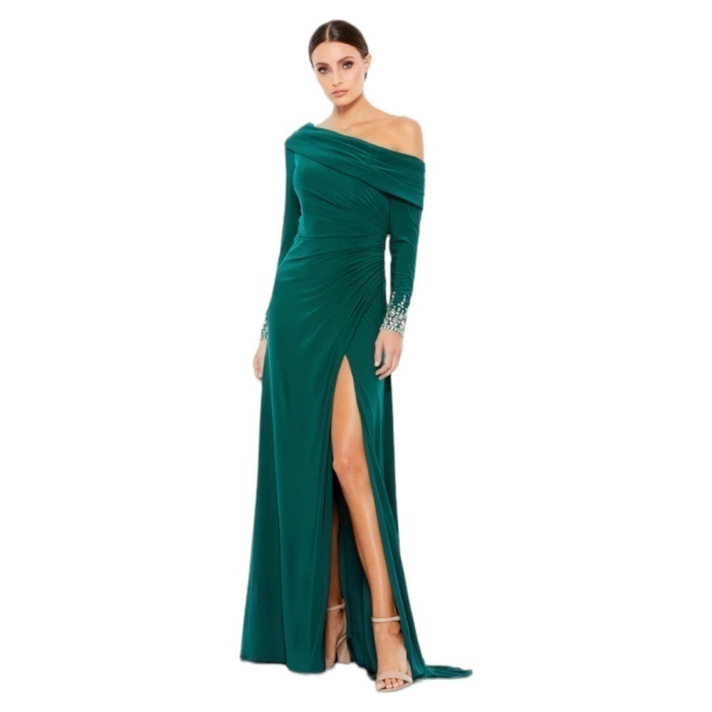 NWOT MAC DUGGAL BEADED CUFF DROP SHOULDER FAUX WRAP GOWN